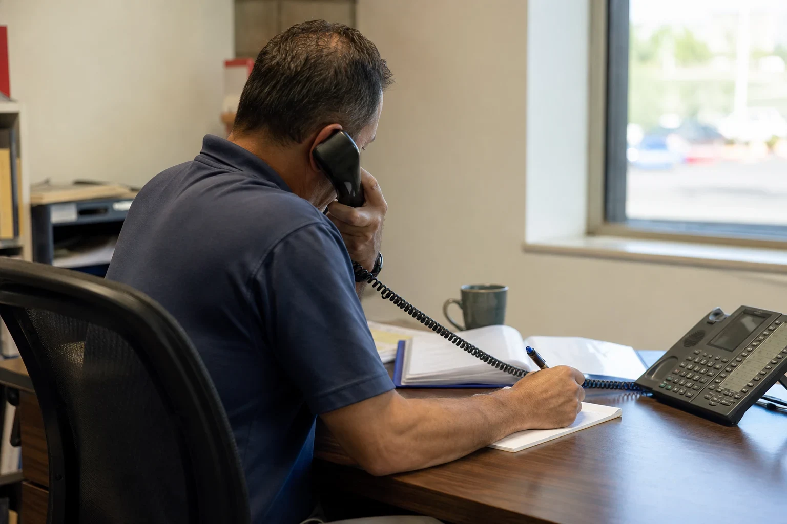 Man in a navy polo at an office desk talking on a corded phone while writing notes, with an open binder, desk phone and coffee mug beside him near a window