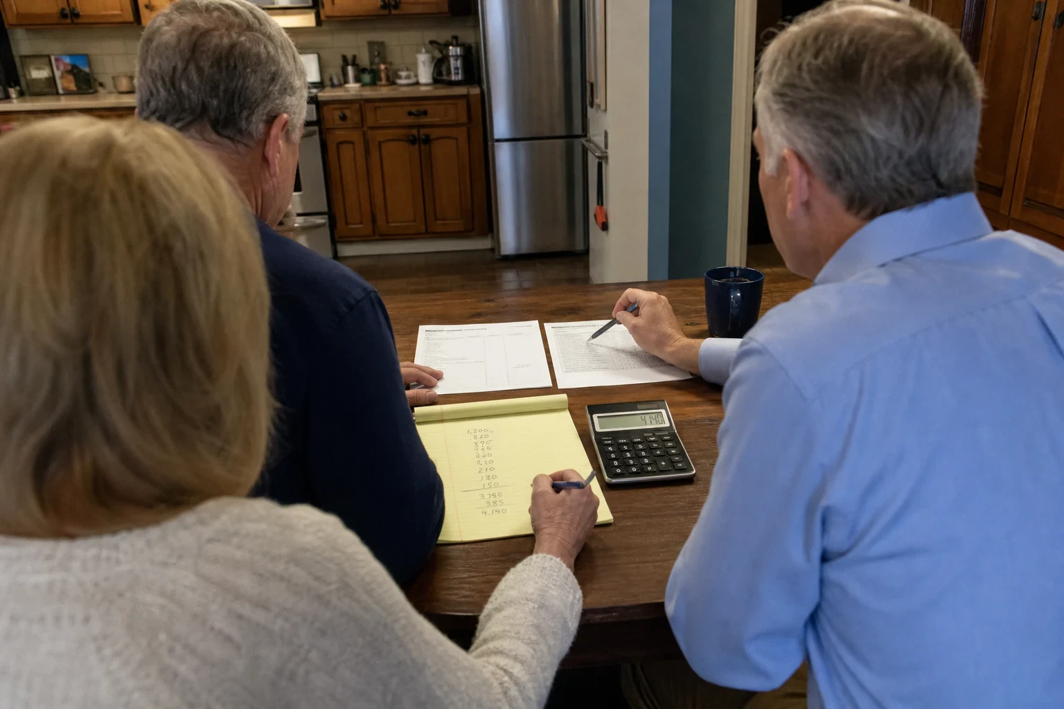 Agent in a blue shirt and an older couple at a wooden kitchen table reviewing two papers, a yellow notepad with handwritten figures, and a calculator