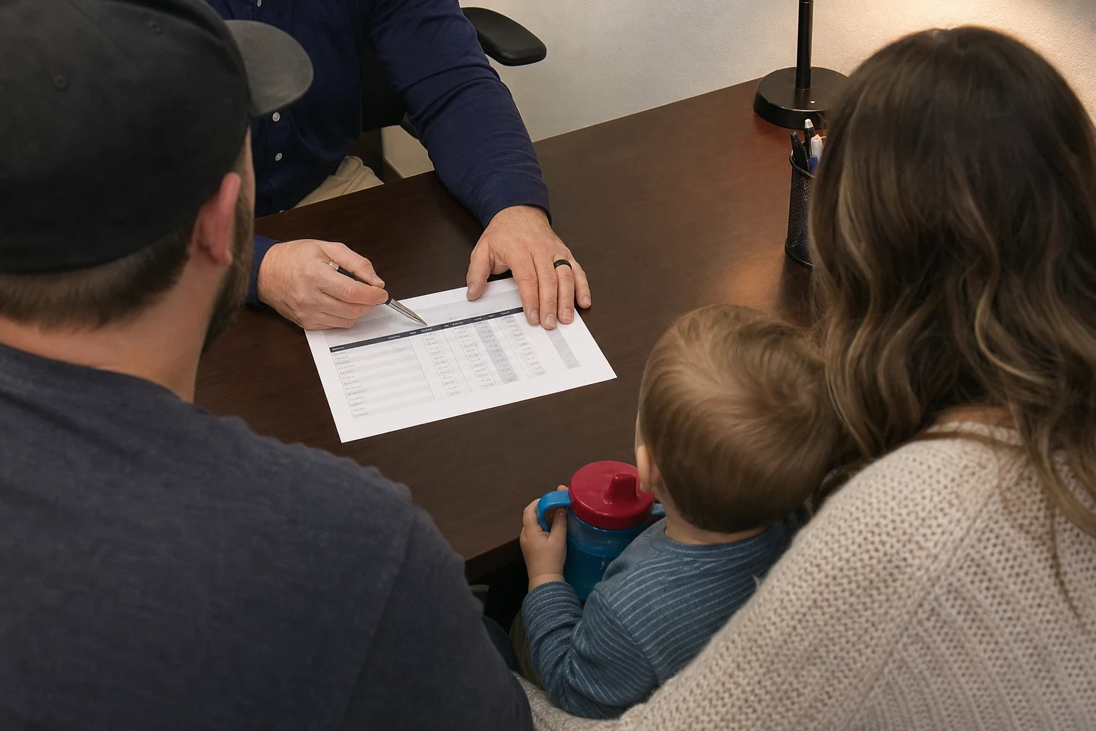 Over-the-shoulder view of an agent pointing a pen at a printed comparison sheet on a desk for a couple and their toddler holding a sippy cup
